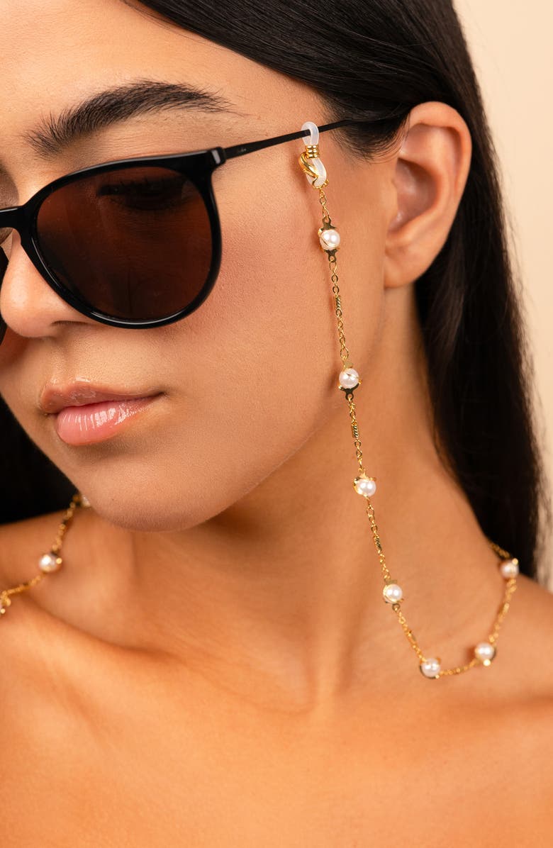 Sterling Forever Gold Plated Stationed Pearl Twist Face Mask Chain, Alternate, color, 