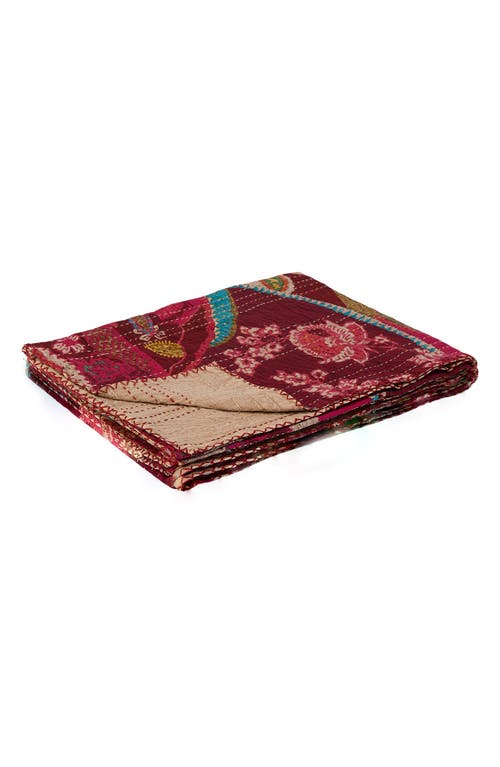 Taj Hotel Vintage Cotton Kantha Throw Blanket In Multi Red Floral