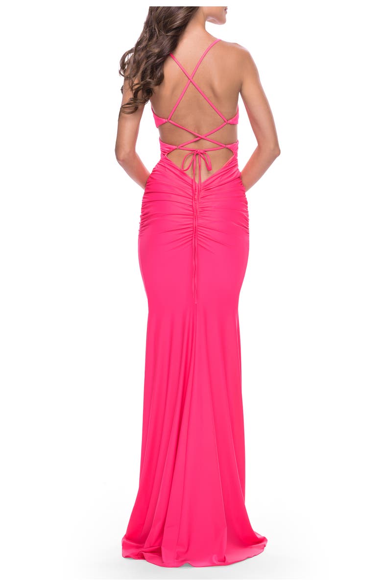 La Femme Cut Out Long Soft Jersey Dress with Criss Cross Bodice in Neon, Alternate, color, Neon Pink