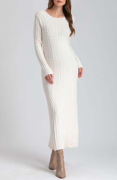 Long Sleeve Mixed Stitch Maternity Midi Sweater Dress