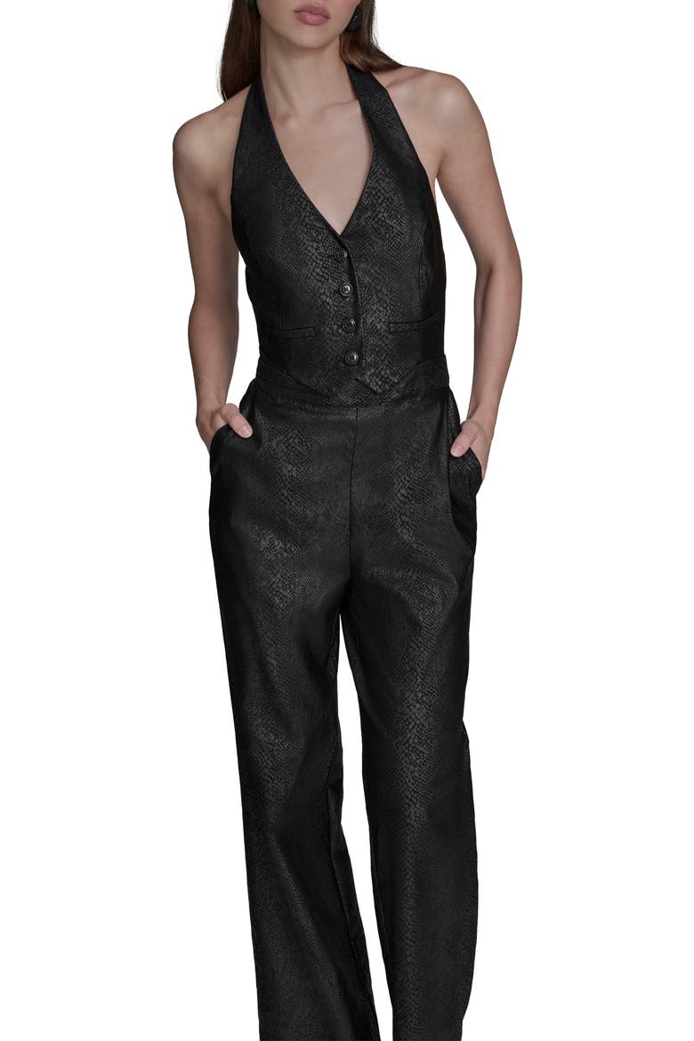 Snakeskin Foil Halter Jumpsuit, Alternate, color, BLACK