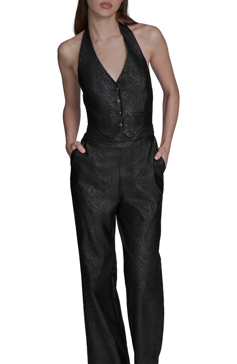 BCBG Snakeskin Foil Halter Jumpsuit, Alternate, color, Black