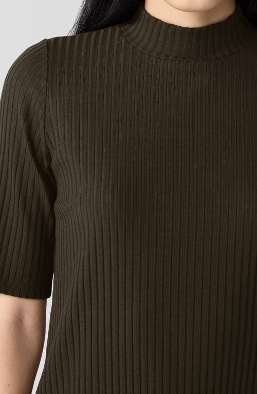 Eileen Fisher Mock Neck Rib Top In Brown