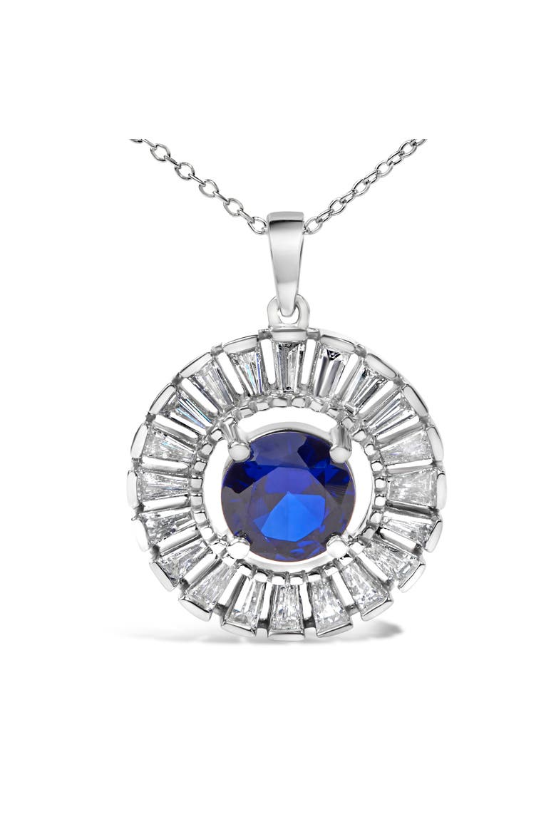 Sterling Silver Lab Grown Sapphire and Baguette Diamond Medallion Pendant Necklace, Alternate, color, Silver