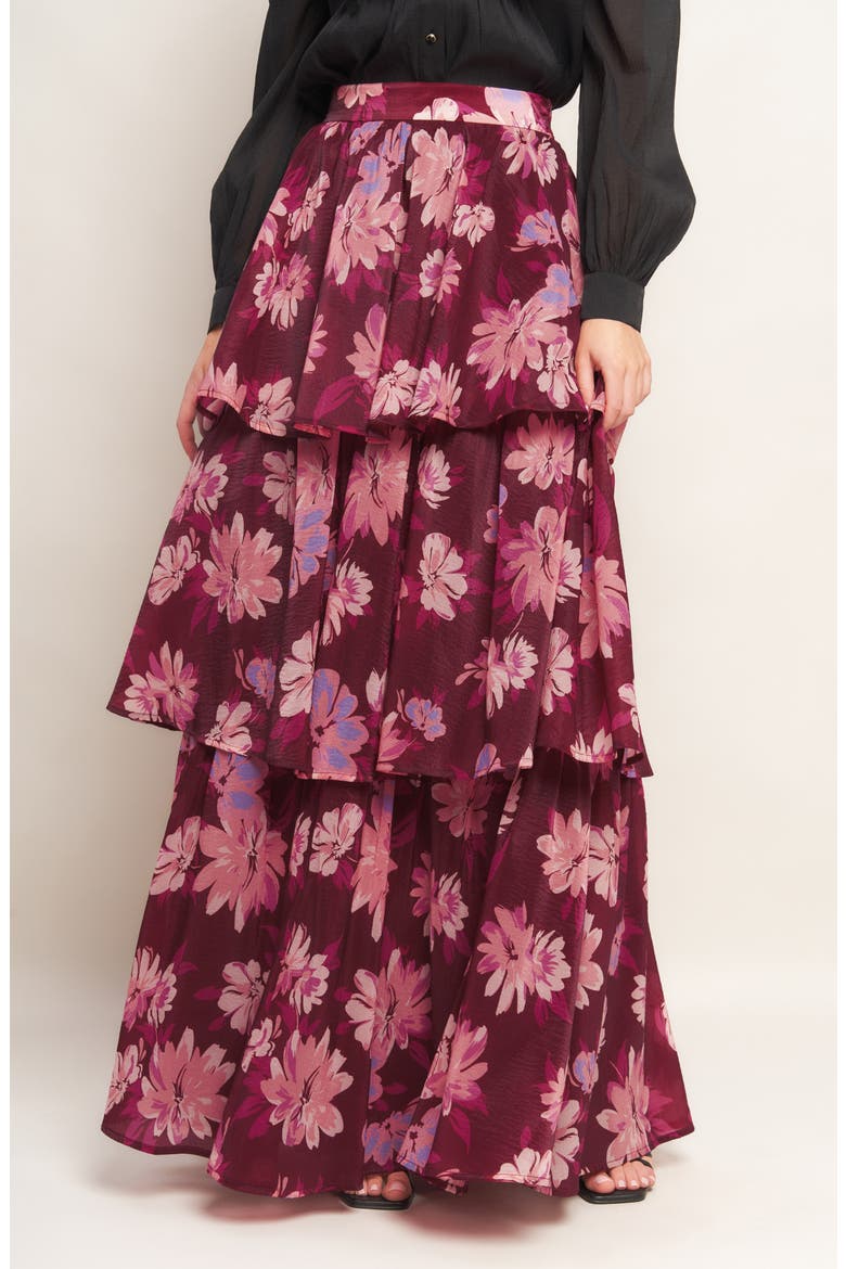 Floral Layered Maxi Skirt, Alternate, color, BURGUNDY