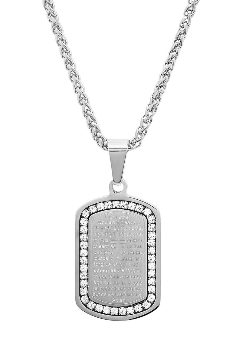 Men's Stainless Steel Cubic Zirconia Lord's Prayer Tag Pendant Necklace, Main, color, SILVER