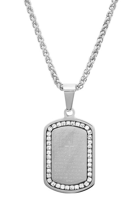 Men's Stainless Steel Cubic Zirconia Lord's Prayer Tag Pendant Necklace