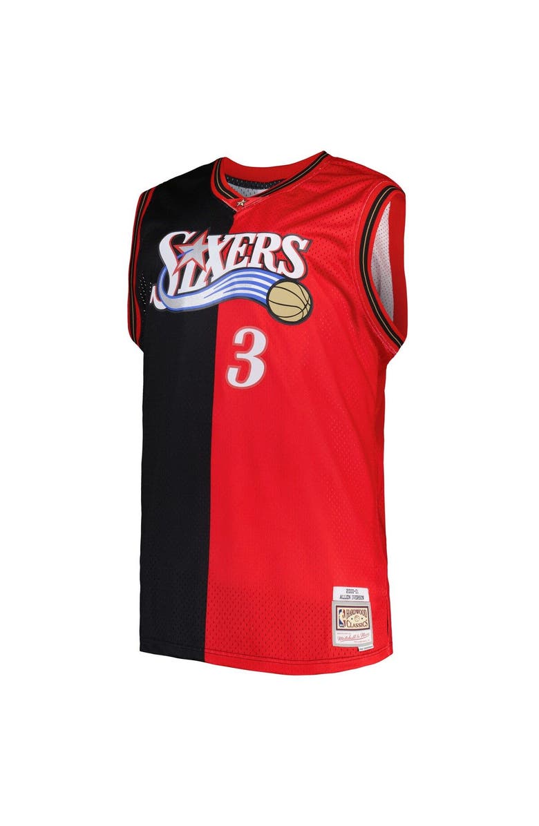 Mitchell & Ness Men's Mitchell & Ness Allen Iverson Black/Red Philadelphia 76ers Big & Tall Hardwood Classics 2000/01 Split Swingman Jersey, Alternate, color,