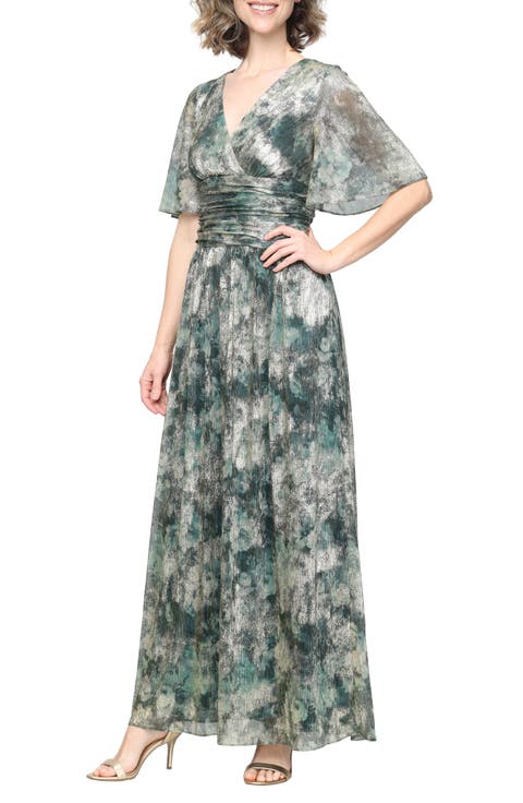 Floral Metallic Flutter Sleeve Gown
