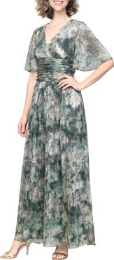 SL FASHIONS Floral Metallic Flutter Sleeve Gown