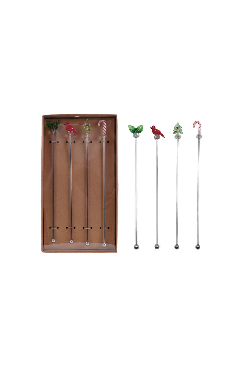 4-Piece Stainless Steel Cocktail Stirrers with Hand-Blown Glass Holiday Icons, Main, color, Multicolor