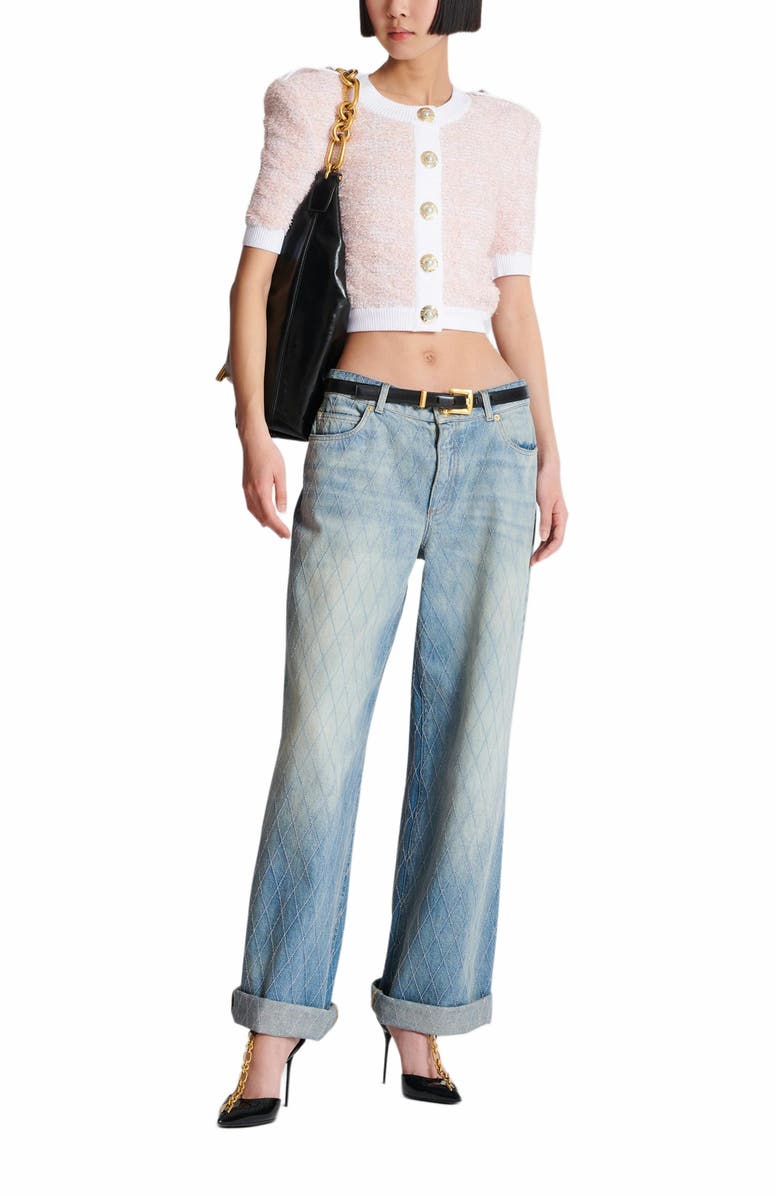 Balmain Short-Sleeved Knit Cardigan, Alternate, color, Pink