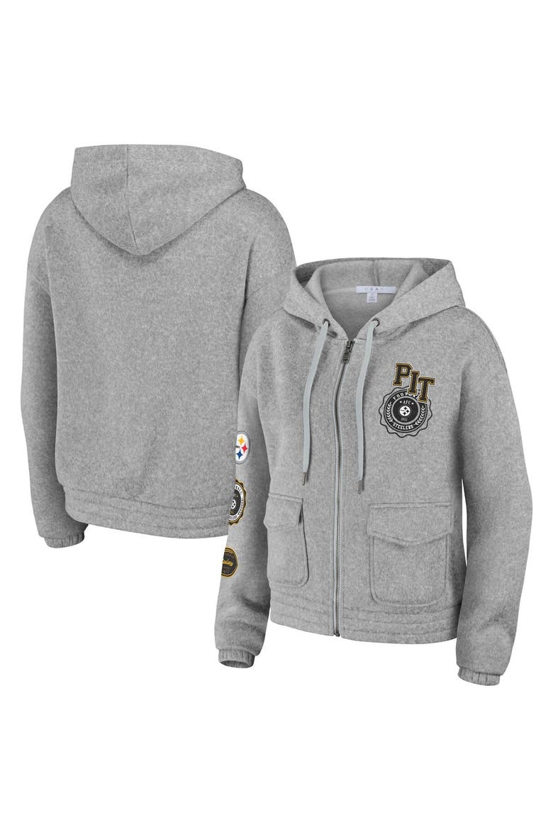 Women's WEAR by Erin Andrews Heather Gray Pittsburgh Steelers Full-Zip Hoodie, Main, color, Heather Gray