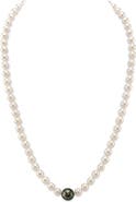 The Pearl Source 6.0-6.5mm Japanese Akoya White Pearl Necklace With Round Tahitian Center