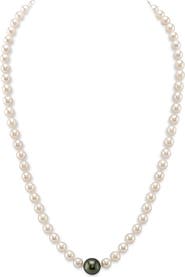 The Pearl Source 6.0-6.5mm Japanese Akoya White Pearl Necklace With Round Tahitian Center