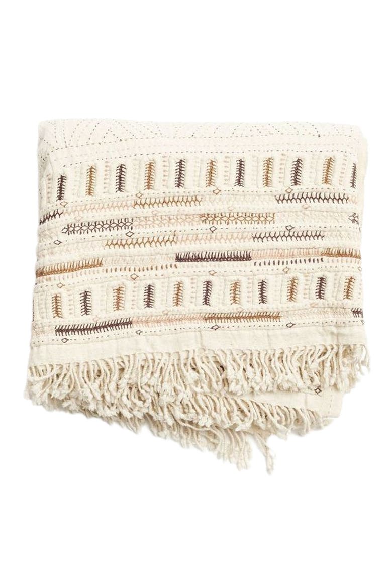 Unah Coral Fully Hand Embroidered Handwoven Organic Cotton Throw, Alternate, color, Brown