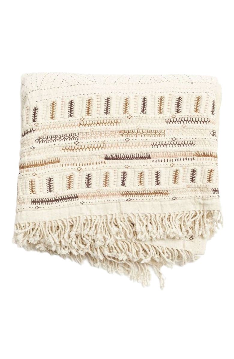 Studio Variously Unah Coral Fully Hand Embroidered Handwoven Organic Cotton Throw, Alternate, color, Brown