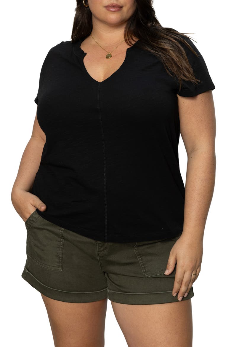 The New Girl Split Neck Cotton T-Shirt, Alternate, color, BLACK