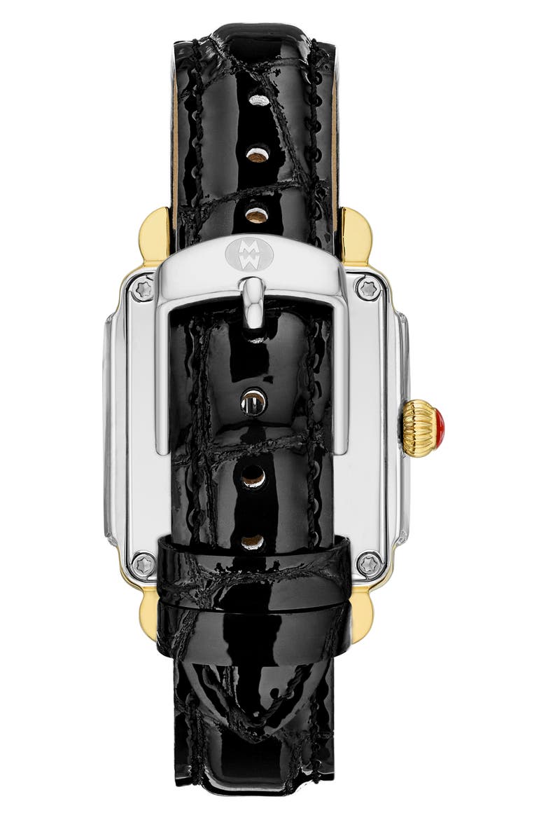 Deco Madison Mid Pavé Diamond & Mother-of-Pearl Leather Strap Watch, 29mm x 31mm, Alternate, color, BLACK
