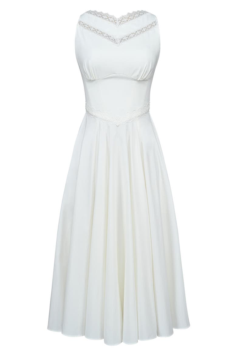 Scarlett Lace Trim Stretch Cotton Midi Cocktail Dress, Alternate, color, WHITE