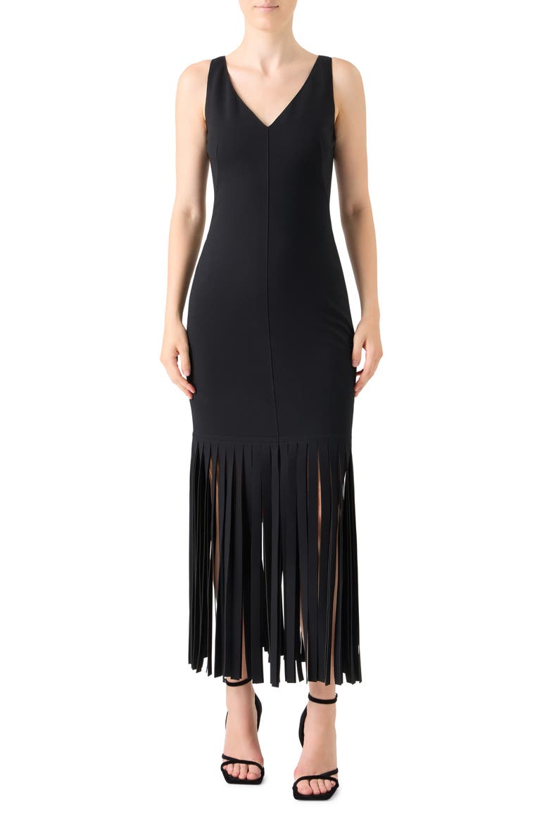 Fringe Hem Sleeveless Midi Dress, Main, color, BLACK