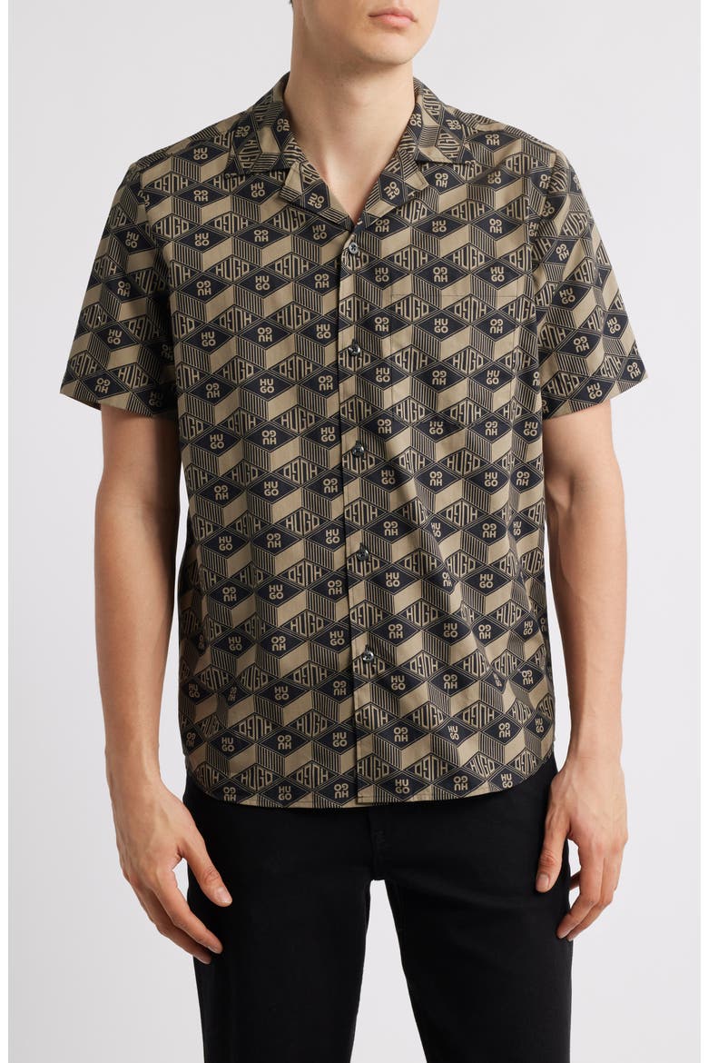 Ellino Logo Print Camp Shirt, Main, color, BLACK
