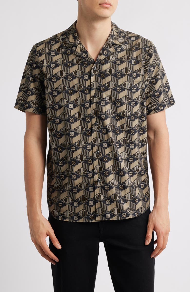 HUGO Ellino Logo Print Camp Shirt, Main, color, Black