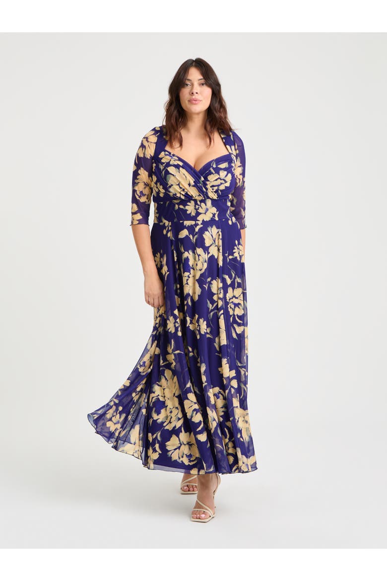 Elizabeth Floral Print Mesh Maxi Gown, Main, color, Vintage Indigo Cream