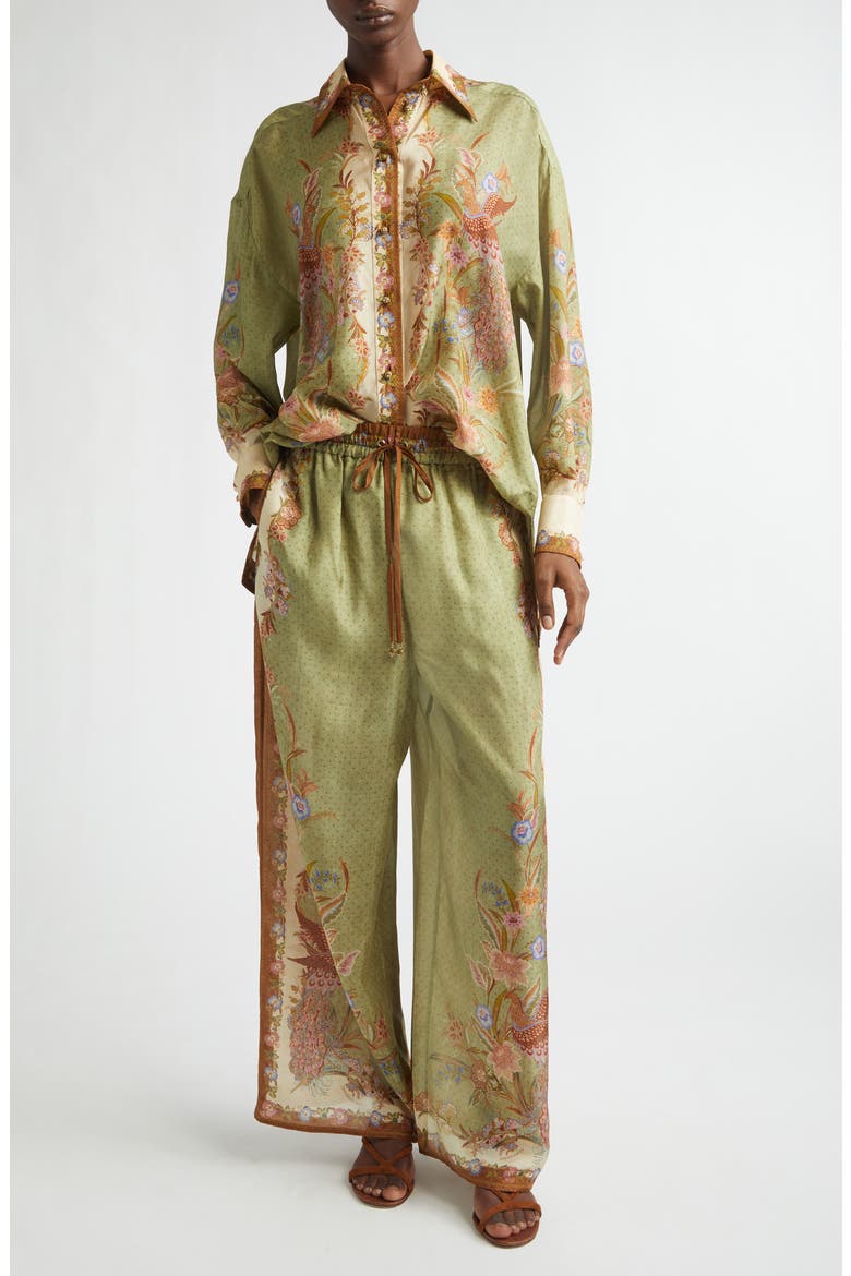 Indra Placed Print Relaxed Fit Silk Button-Up Shirt, Alternate, color, KHAKI SCARF FLORAL