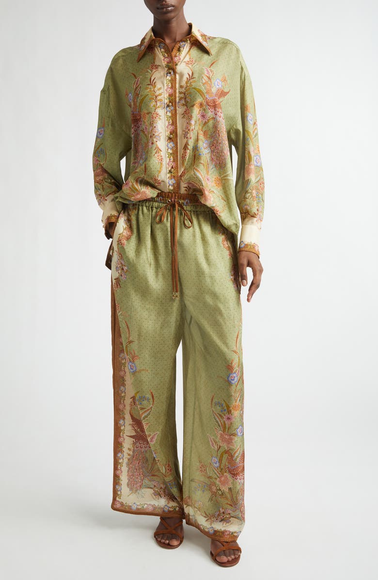 Zimmermann Indra Border Print Relaxed Silk Wide Leg Pants, Alternate, color, Khaki Scarf Floral