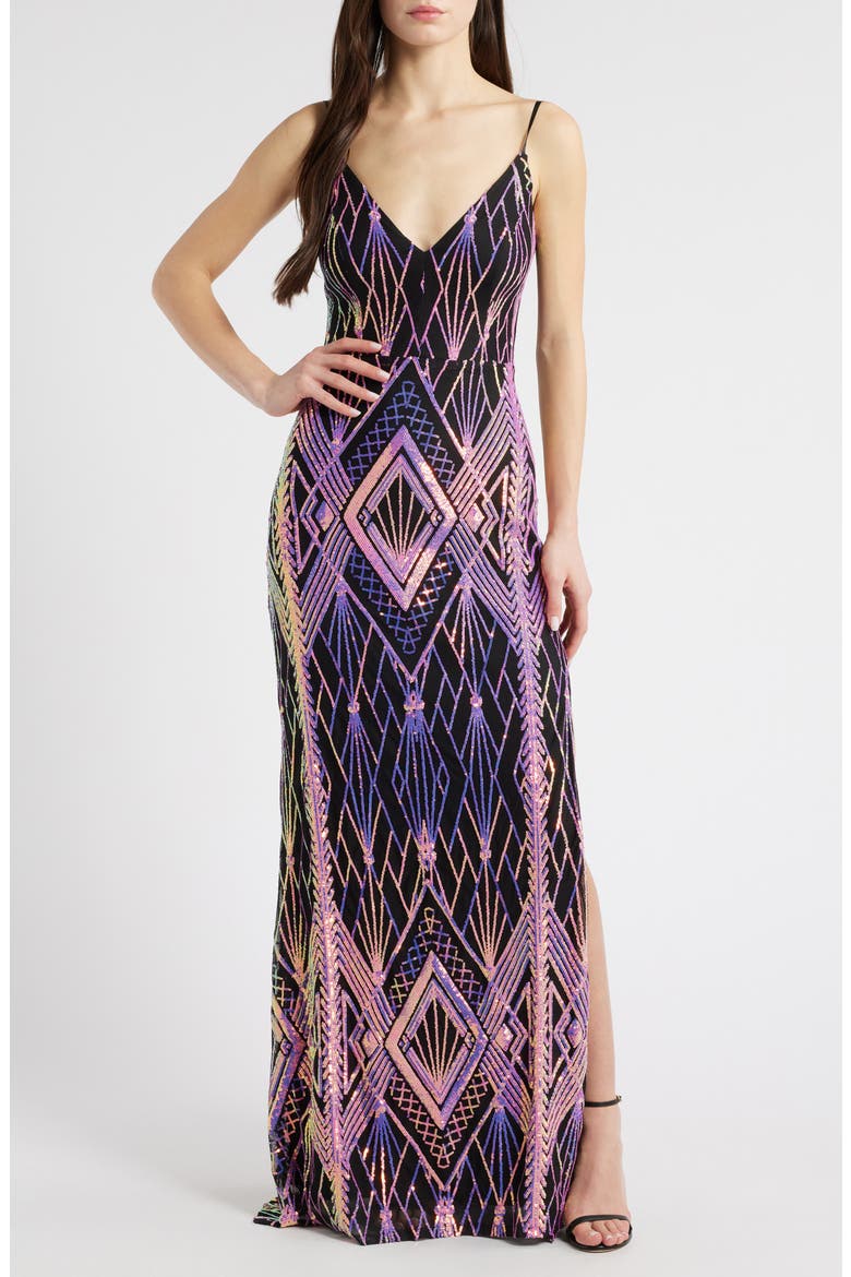 Sequined Column Gown, Main, color, BLACK/ PINK
