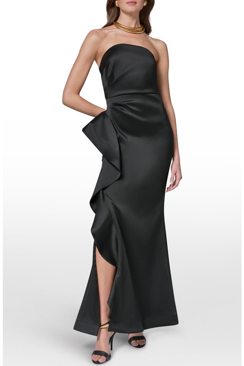 Taffeta Strapless Ruffle Gown, Main, color, BLACK