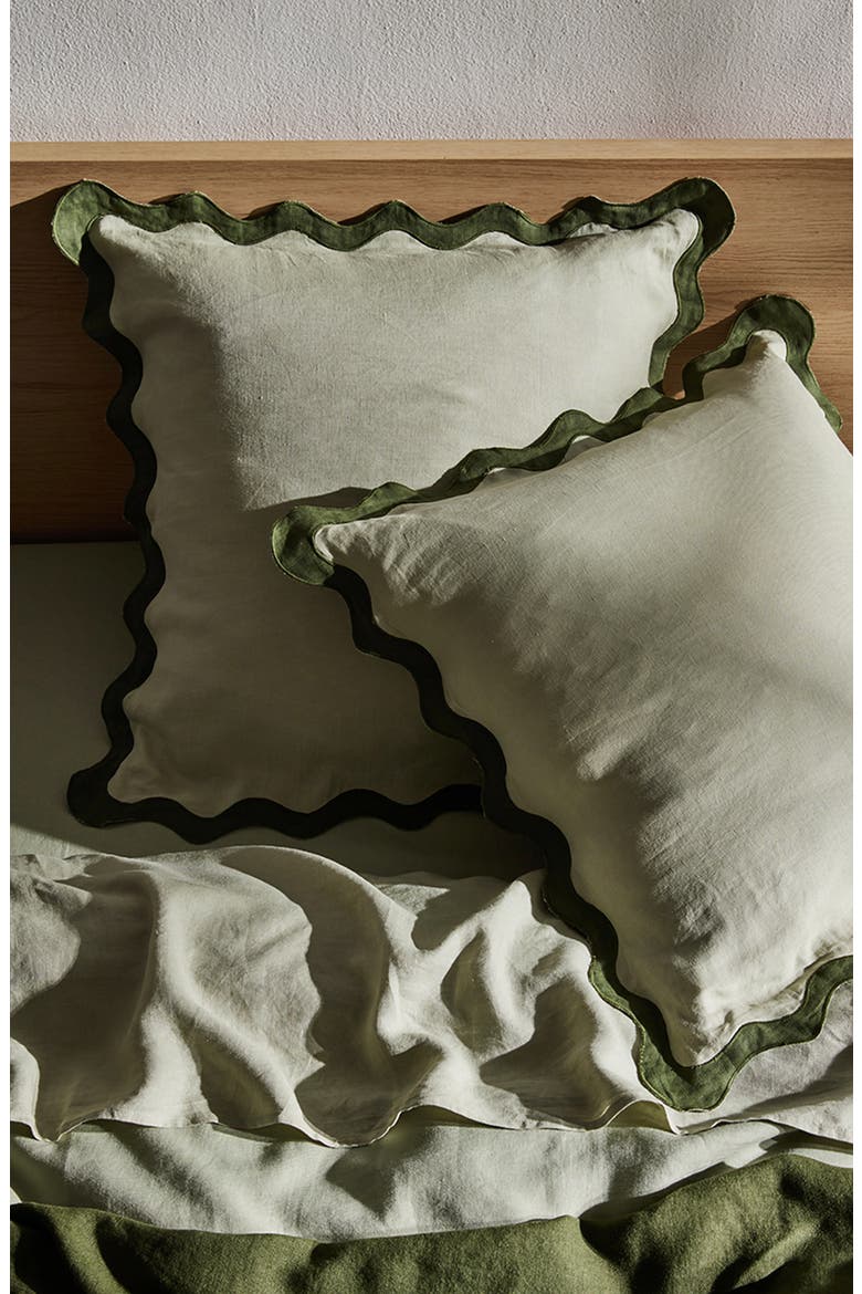 Set of 2 Scalloped Linen Euro Pillowcases, Alternate, color, GREEN TONES