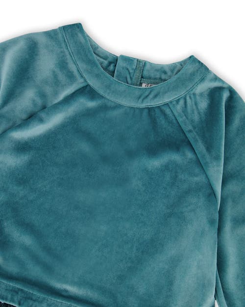 Deux Par Deux Long Sleeve Bi-material Velvet And Pleated Mesh Dress In Blue