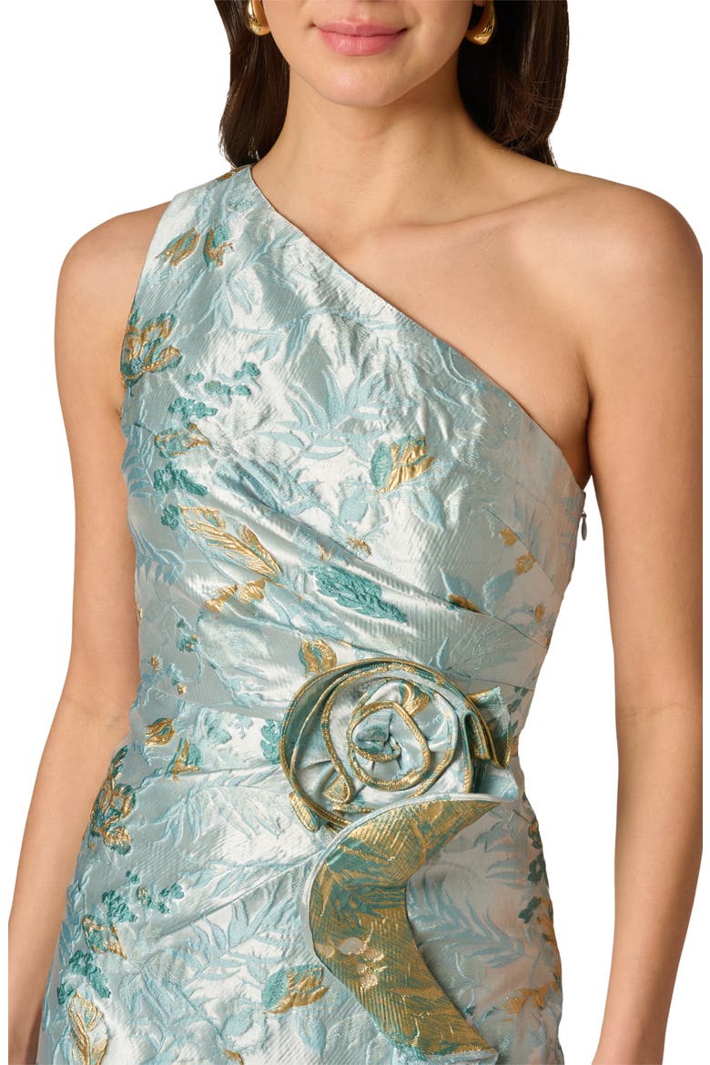 One-Shoulder Rosette Metallic Jacquard Slit Gown, Alternate, color, BLUE MULTI