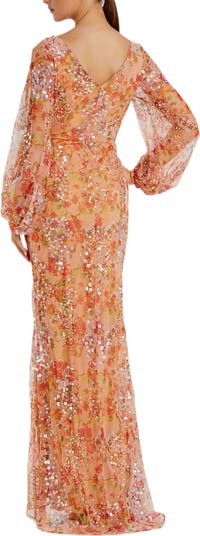 Floral Print Sequined Puff Sleeve Gown
