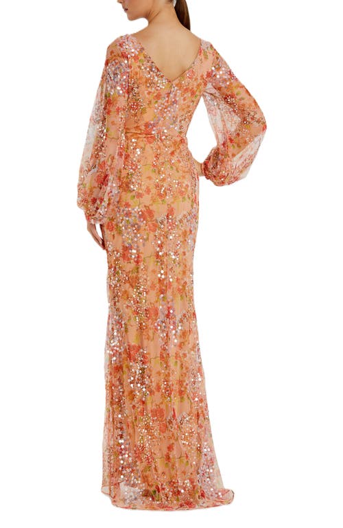 Mac Duggal Sequin Floral-print Long-sleeve Column Gown In Apricot