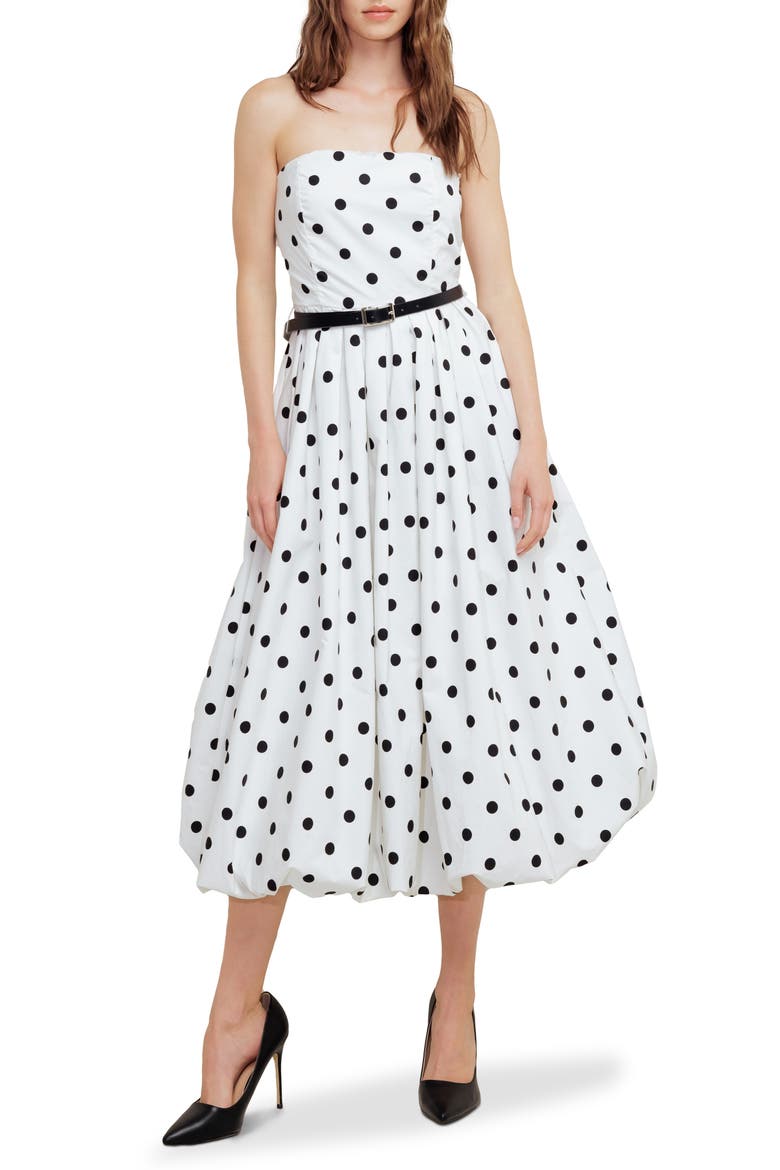 Polka Dot Pleated Strapless Belted Bubble Hem Cotton Midi Dress, Main, color, WHITE