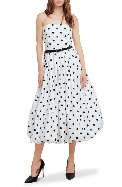 Polka Dot Pleated Strapless Belted Bubble Hem Cotton Midi Dress