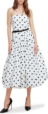 FREEMARKET Polka Dot Pleated Strapless Belted Bubble Hem Cotton Midi Dress