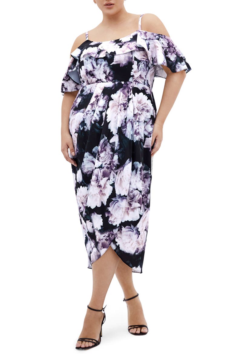 Floral Drape Cold Shoulder Midi Dress, Main, color, SWEET SENSATION