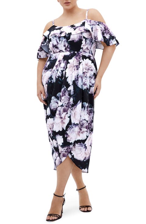 Floral Drape Cold Shoulder Midi Dress (Plus)