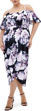 City Chic Floral Drape Cold Shoulder Midi Dress