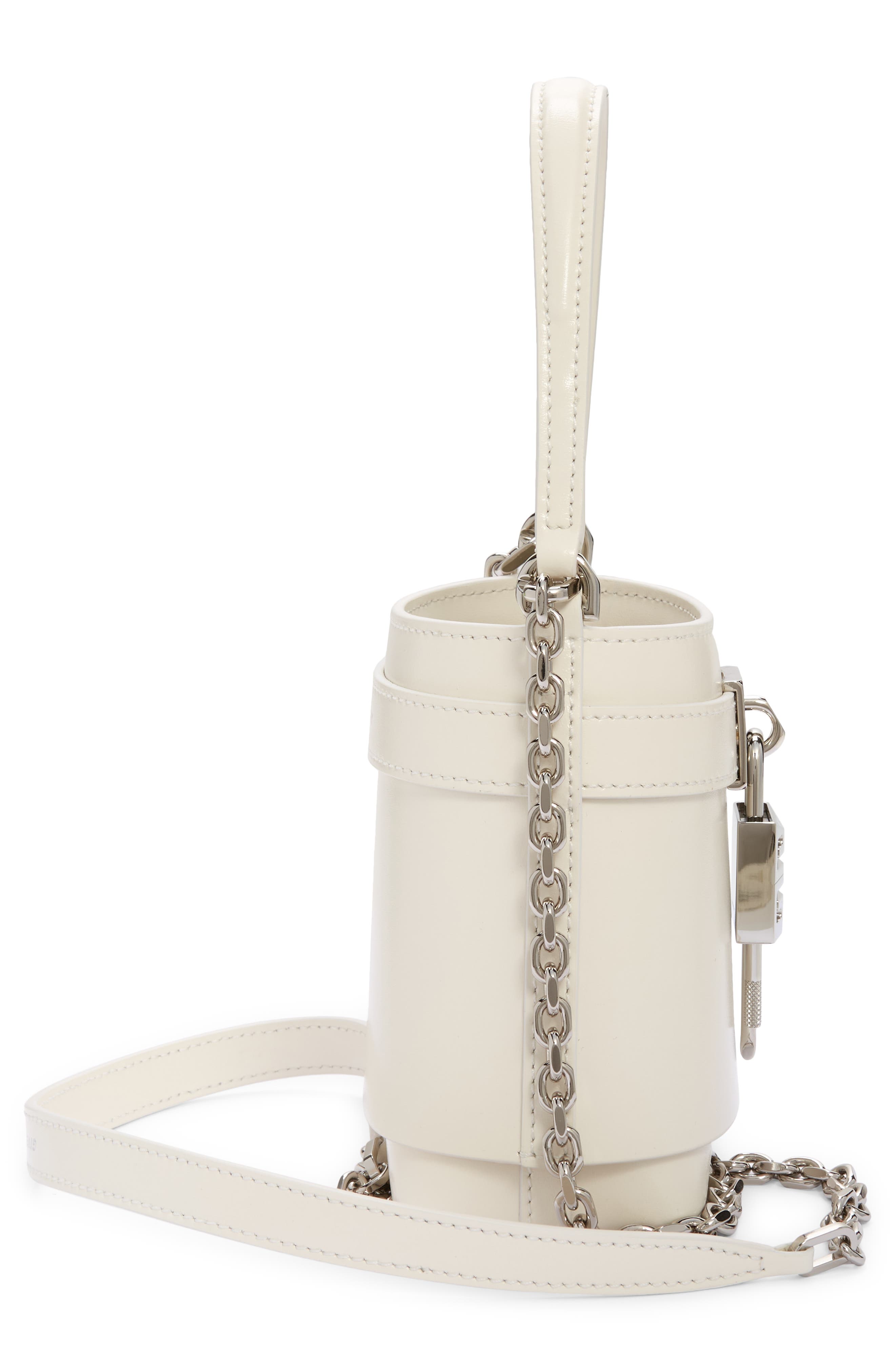 Micro Shark Lock Leather Bucket Bag, Alternate, color, IVORY