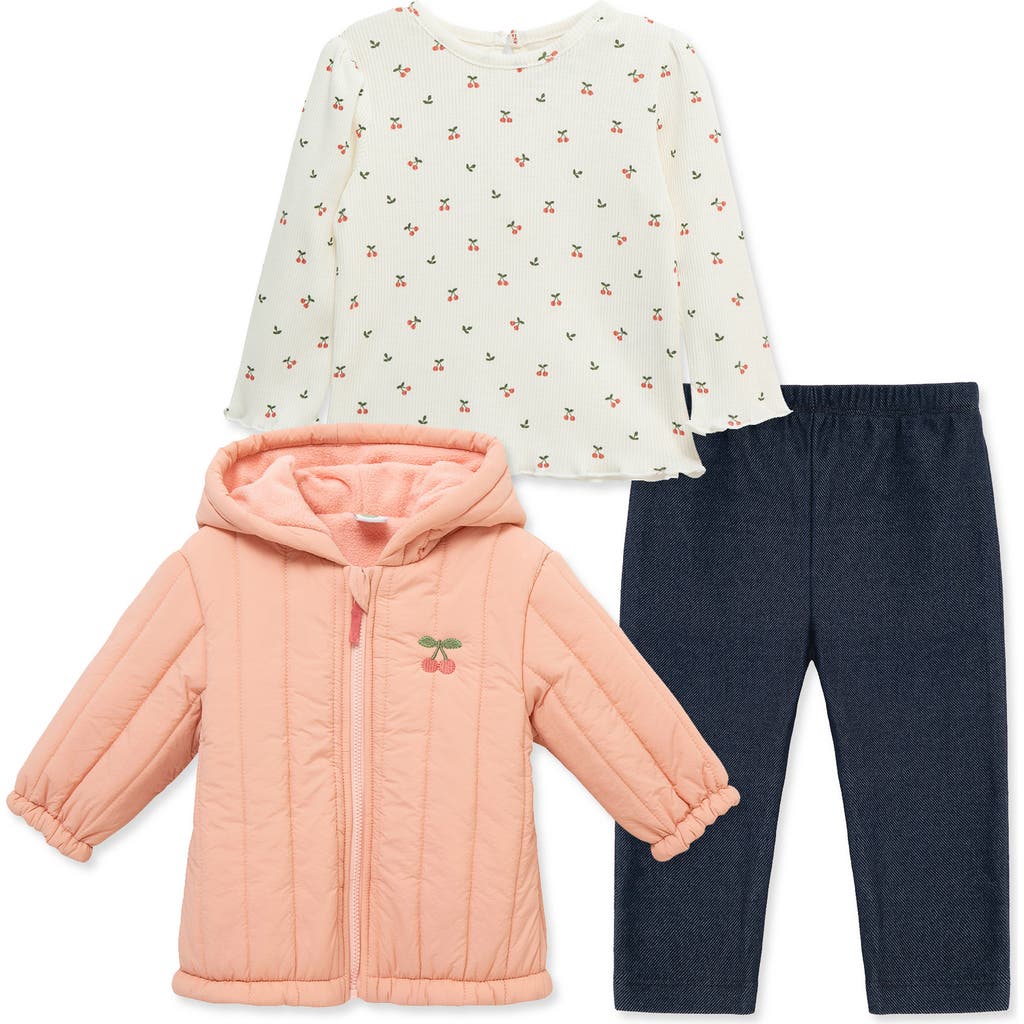 Little Me Cherry T-Shirt, Quilted Jacket & Leggings Set in Pink  product