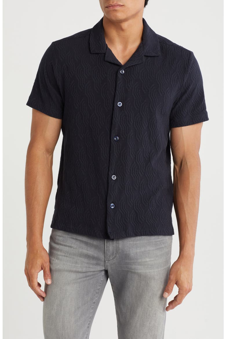 Textured Short Sleeve Knit Button-Up Shirt, Main, color, NAVY