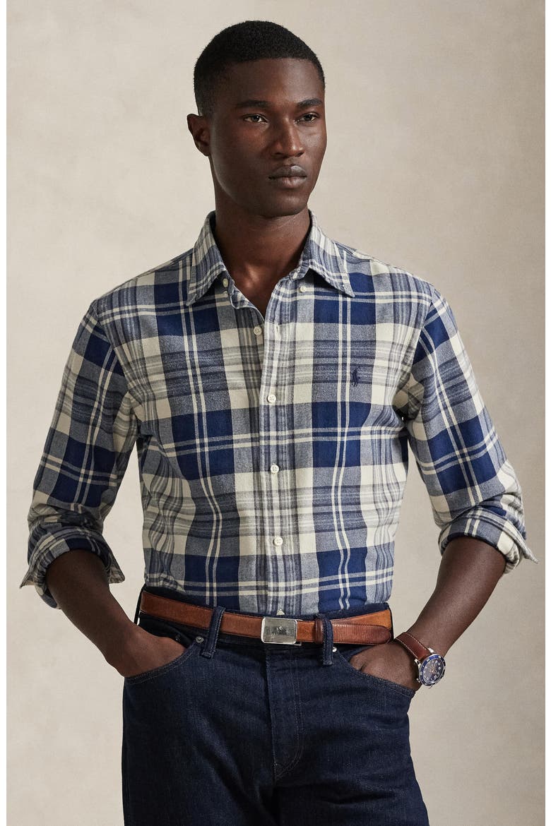 Classic Fit Brushed Plaid Cotton Button-Down Oxford Shirt, Alternate, color, OFF WHITE NAVY MULTI