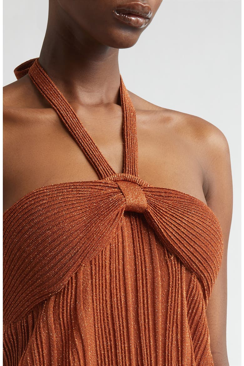 Indra Pleated Metallic Knit Halter Dress, Alternate, color, METALLIC TAN