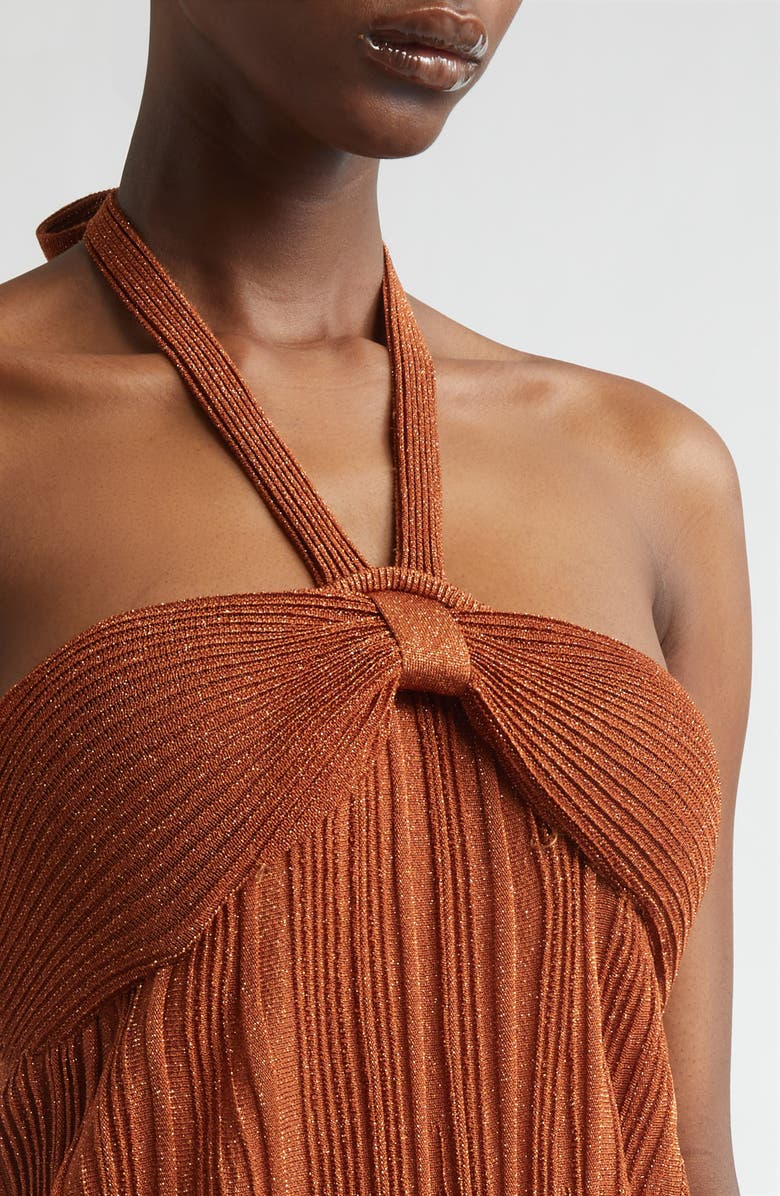 Zimmermann Indra Pleated Metallic Knit Halter Dress, Alternate, color, Metallic Tan
