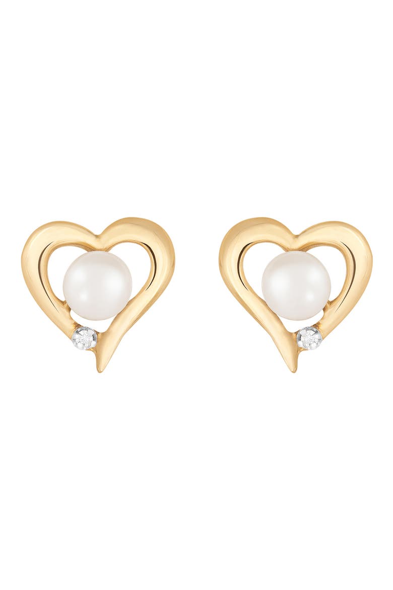 14K Gold Open Heart 6-7mm Cultured Pearl & Diamond Stud Earrings - 0.02 ctw, Main, color, WHITE